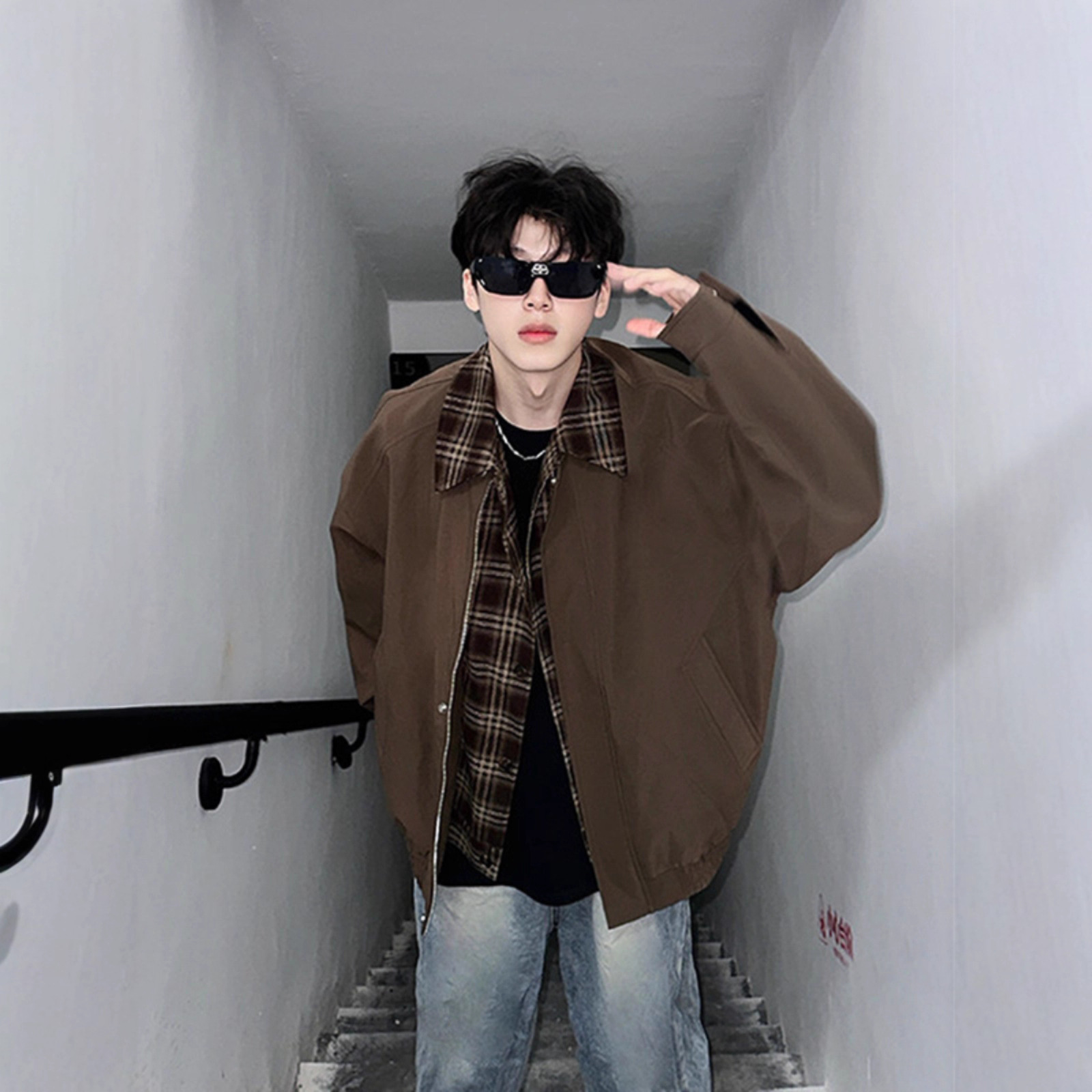 古着vintage棕色外套男春秋美拉德穿搭假两件夹克翻领短款棒球服