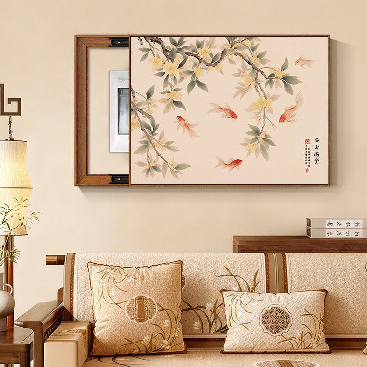 电表箱装饰画锦鲤电源盒开关遮挡推拉壁画免打孔配电箱挂画新中式
