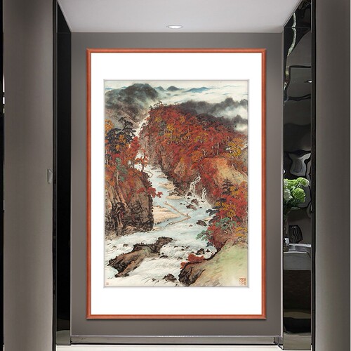 秋夕放伐图关山月国画重彩水墨画客厅走廊尽头过道山水画艺术挂画
