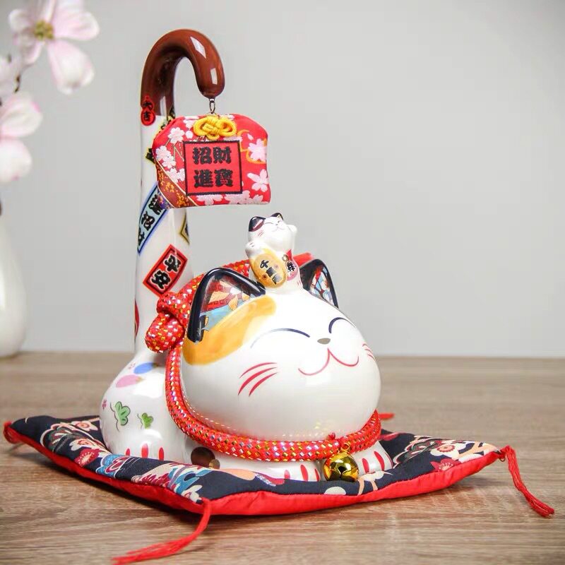 乐喵 福缘长尾猫陶瓷储蓄罐 店铺开业家居收银台开运摆件 招财猫