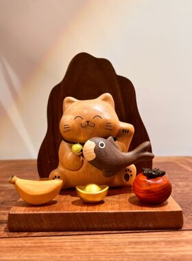 靠山猫神实木质创意玄关桌面摆件乔迁开业收银前台高档聚财礼品