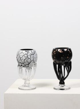 中古风黑色白色裂纹高脚手工琉璃玻璃水培插花花瓶中古风灯插花装
