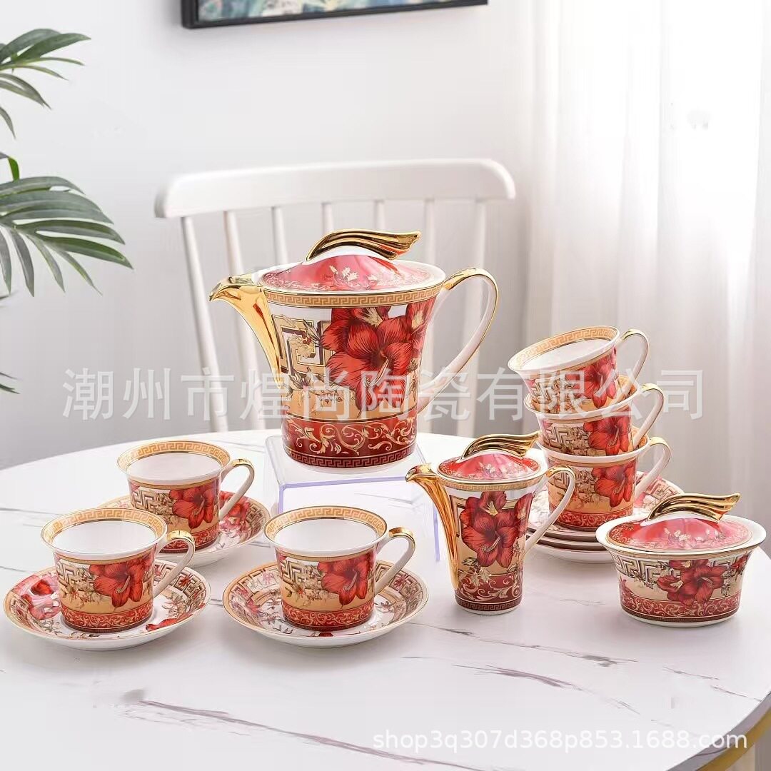 欧式轻奢美杜莎骨瓷釉中彩咖啡具15头套装大红花咖啡杯碟壶糖奶壶