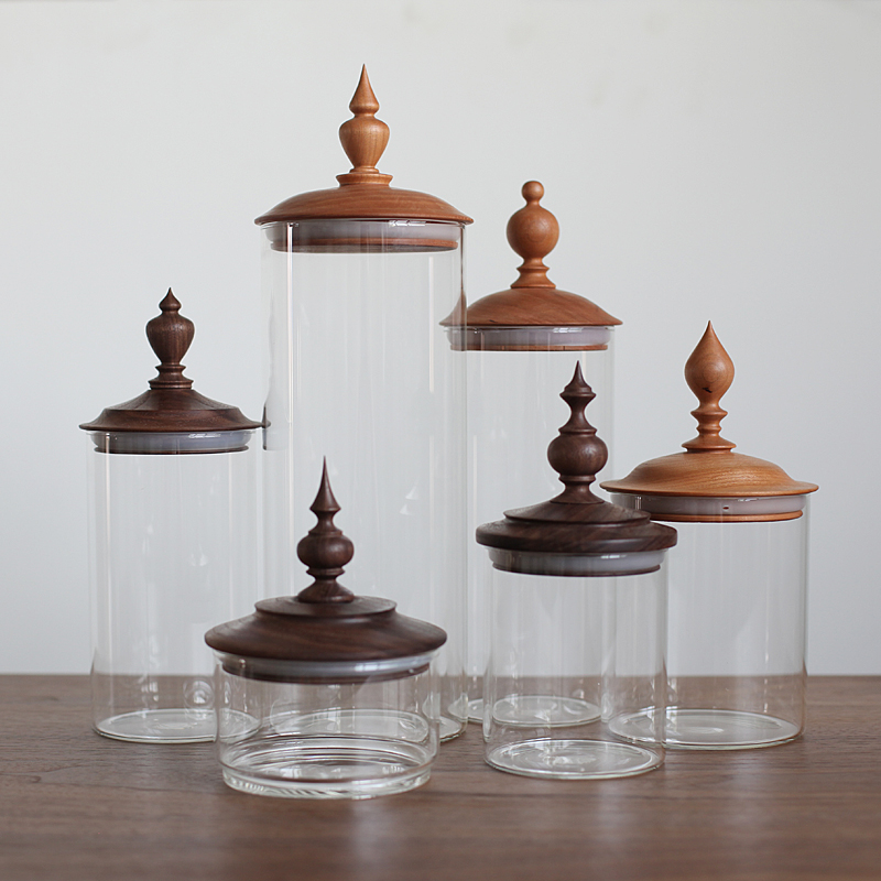 imooo原创日式复古实木盖玻璃密封储物K罐茶咖啡豆杂粮糖果收纳罐