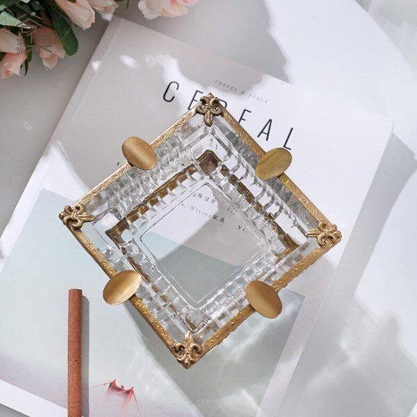 欧式奢华做旧铜制烟灰缸轻奢家用客厅办公室水晶玻璃烟缸桌面摆件