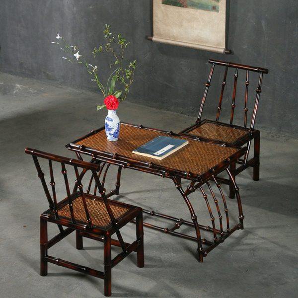 仿古中式大漆筇竹家具小椅子茶几长方形茶桌椅组合客厅家用茶道桌