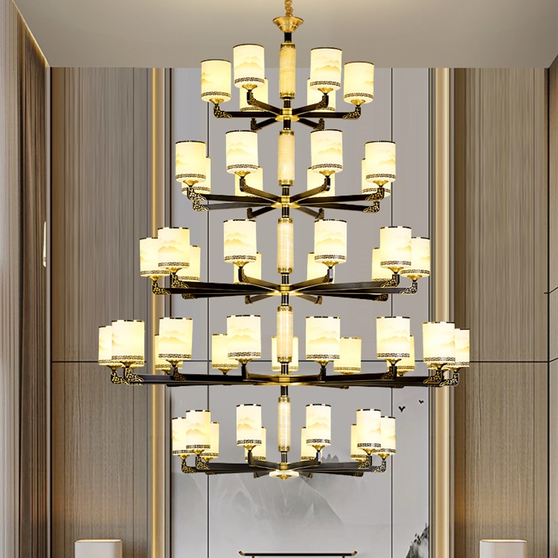 全铜玉石新中式大吊灯复式楼别墅客厅灯奢L华大气中空楼梯间长吊