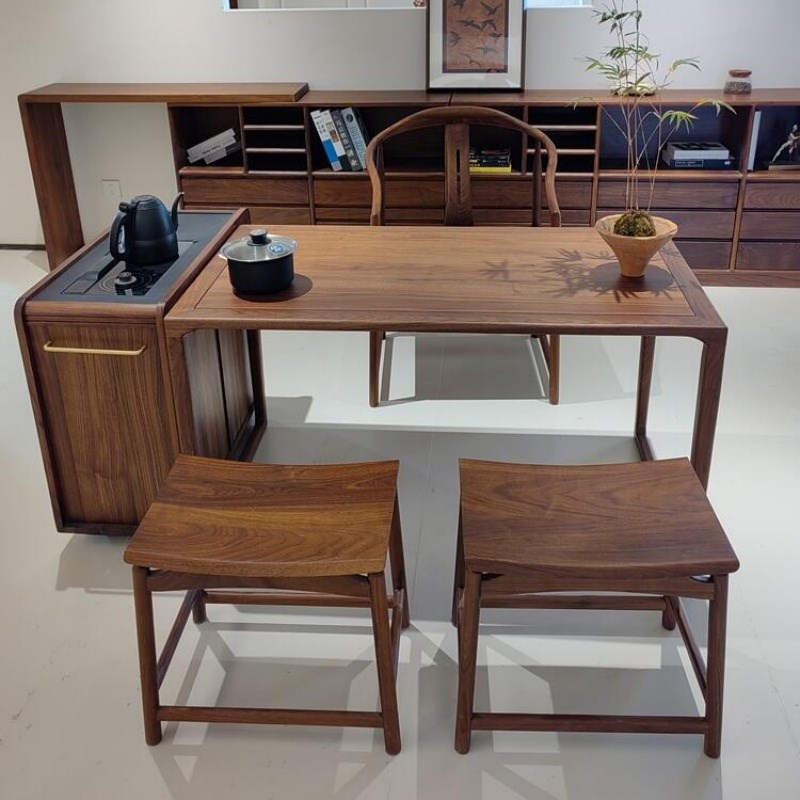 新中式茶台实木茶桌北美黑胡桃木轻奢现代高级Q感简约泡茶桌椅组