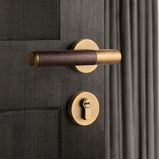 北美胡桃木黄古铜门锁木纹门把手磁吸静音分体房门锁室内家用门锁