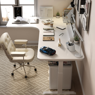 【国内发货】wzo实木白色转角升降书桌L型电动电脑桌拐角办公桌