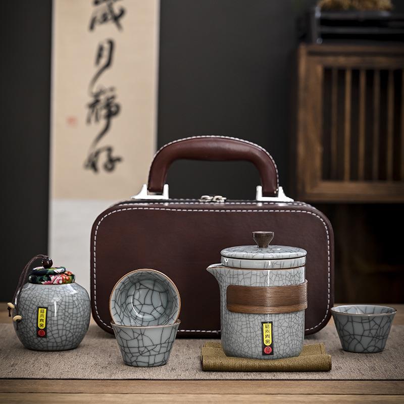 哥窑快客杯户外随身泡茶器开片陶瓷一壶三杯便携旅行茶具套装汝窑