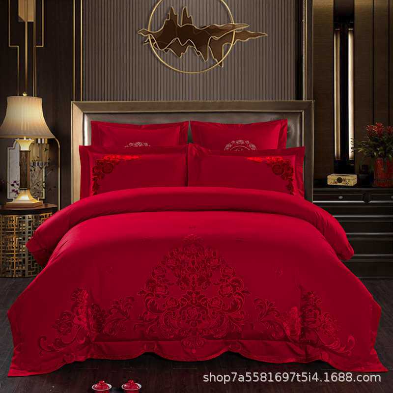 厂家 纯棉贴绒绣婚庆四件套结婚陪嫁婚房喜庆大红高档床上用品