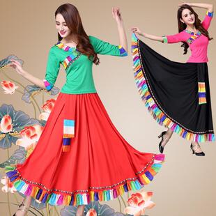 婷姿美2020春夏广场舞服装新款套装七彩蕾丝藏族长裙演出服舞蹈服