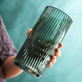 轻奢北欧玻璃花瓶现代简约客厅餐桌鲜花插花家居摆件竖式条纹直筒