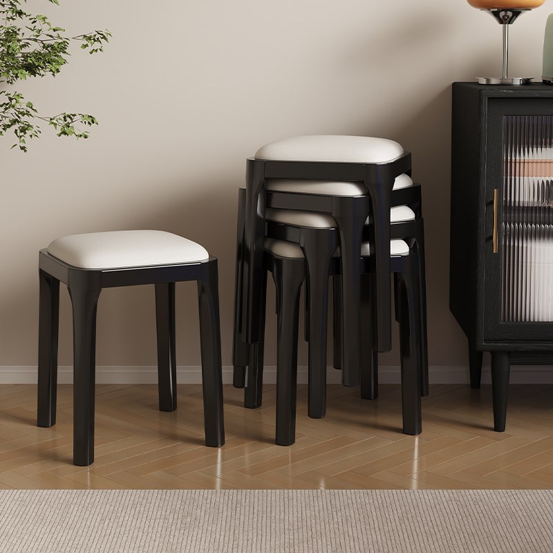 法式复古实木凳h子家用极简约现代软包餐桌椅子新款中古可叠放矮