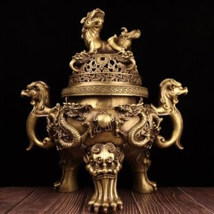 古韵斋 黄铜天狗炉摆件双龙耳铜香炉三足九龙檀香熏炉家用室内工
