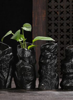 中式禅意粗陶小花瓶复古台面个性摆件创意黑色仿石头绿萝水培花器