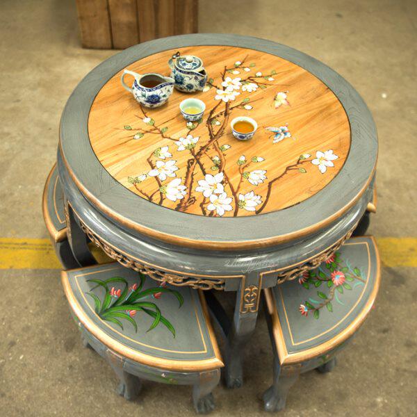 实木圆餐桌泡茶桌中式圆桌小户型阳台客厅家用榆木圆形仿古餐桌椅