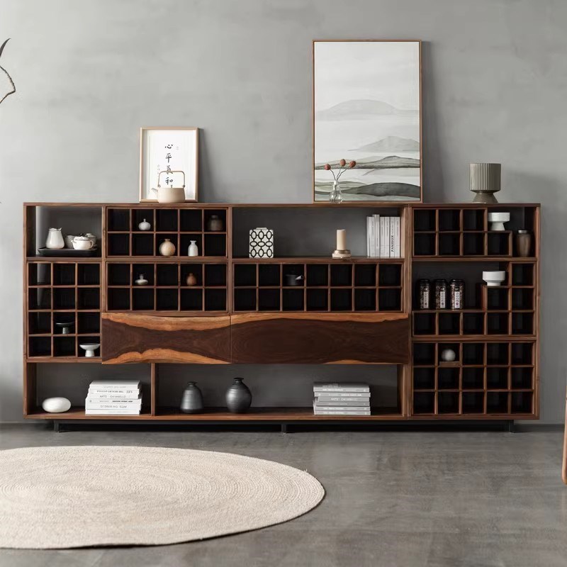 新中式茶杯架博古架边柜展v示架野木侘寂风北美黑胡桃现代多宝阁