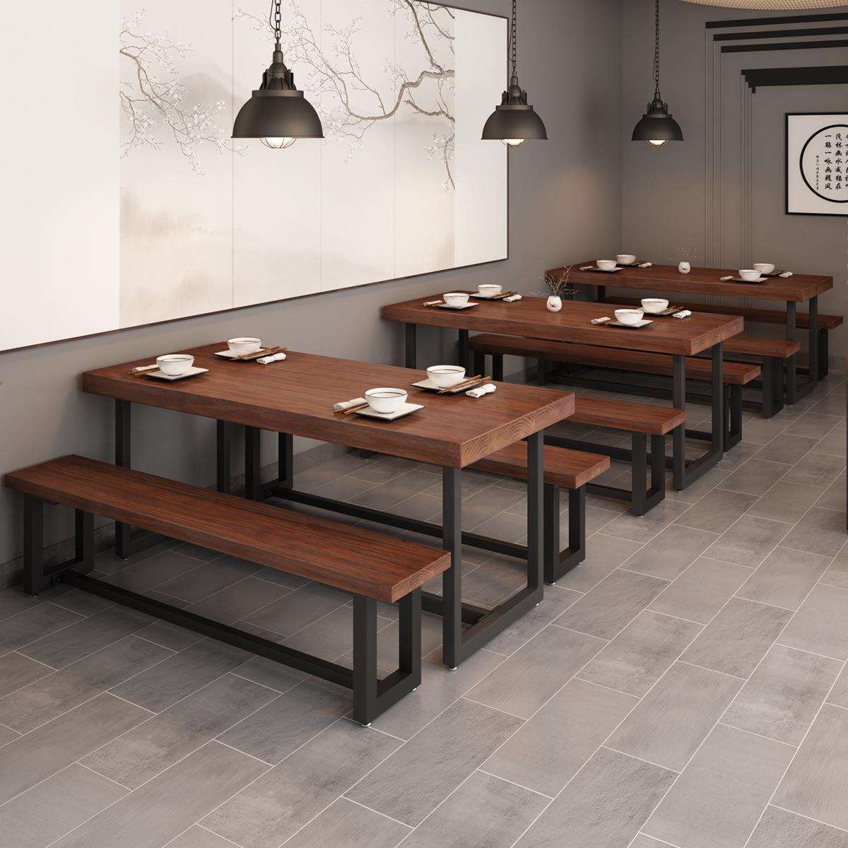 新中式铁艺实木餐桌饭店快餐店长条桌长方形长桌长凳桌椅组合1035
