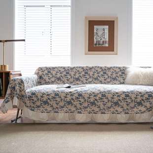 伊缦琪韵沙发巾蓝玫瑰花朵印花荷叶边多功能盖巾美式工厂直供