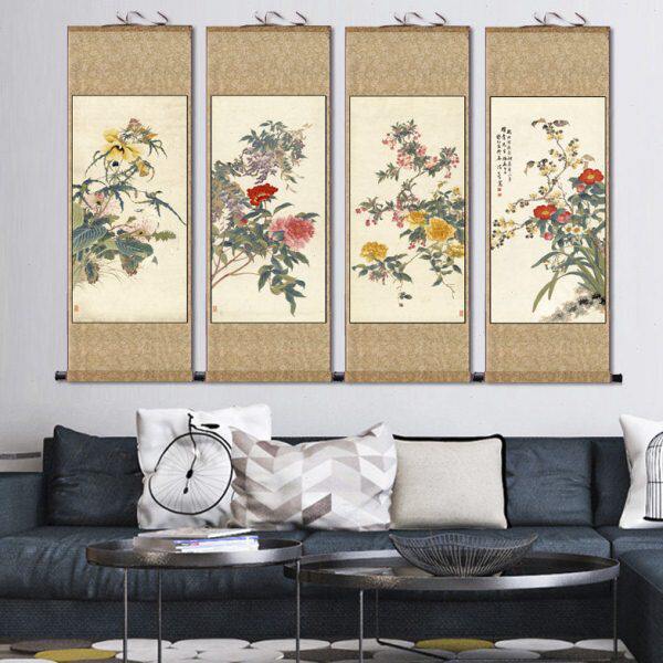 名家字画四条屏梅兰竹菊丝绸画卷轴画花鸟挂画国画仿古宣纸画装饰