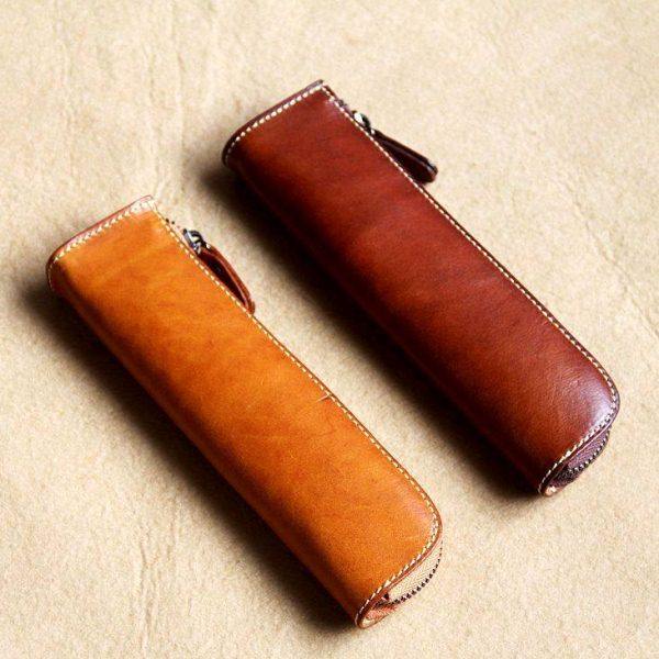 日系植鞣牛皮笔袋简约商务头层牛皮笔袋手工复古文具袋真皮笔袋