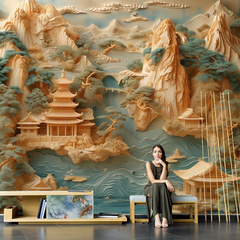 东方美学国风f壁纸彷立体浮雕壁纸轻奢电视背景墙壁布茶室书房墙