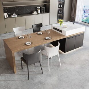 极简木纹岩板岛台餐桌茶台吧台一体轻奢高级厨房餐厅可移动中导台