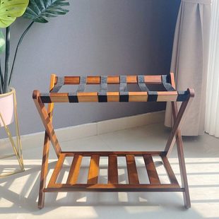 现货酒店行李架家用复古柚木民宿卧室客房折叠收纳双层置物架新款