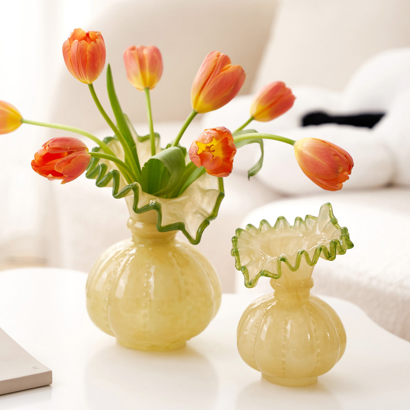 中古芬顿花瓶绿边琉璃客厅摆件高级感水养鲜O花轻奢法式装饰品网