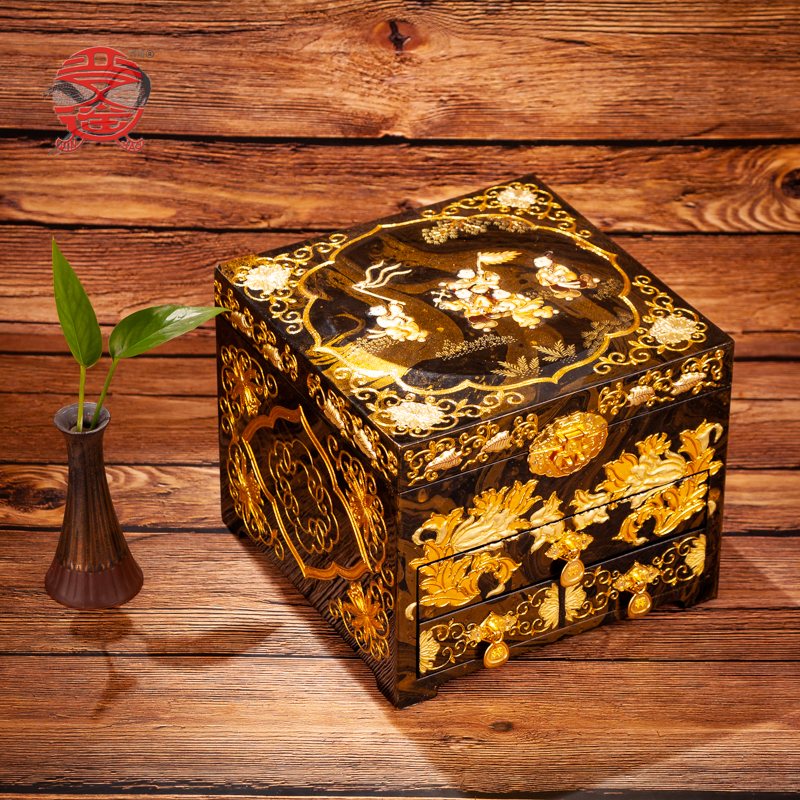 平遥推光漆器首饰盒木p质收纳高端复古带锁实木送礼结婚纯手工新