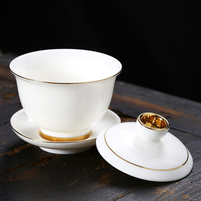 紫不语大号羊脂玉盖碗高t档描金泡茶碗玉白瓷加厚防烫三才盖碗茶