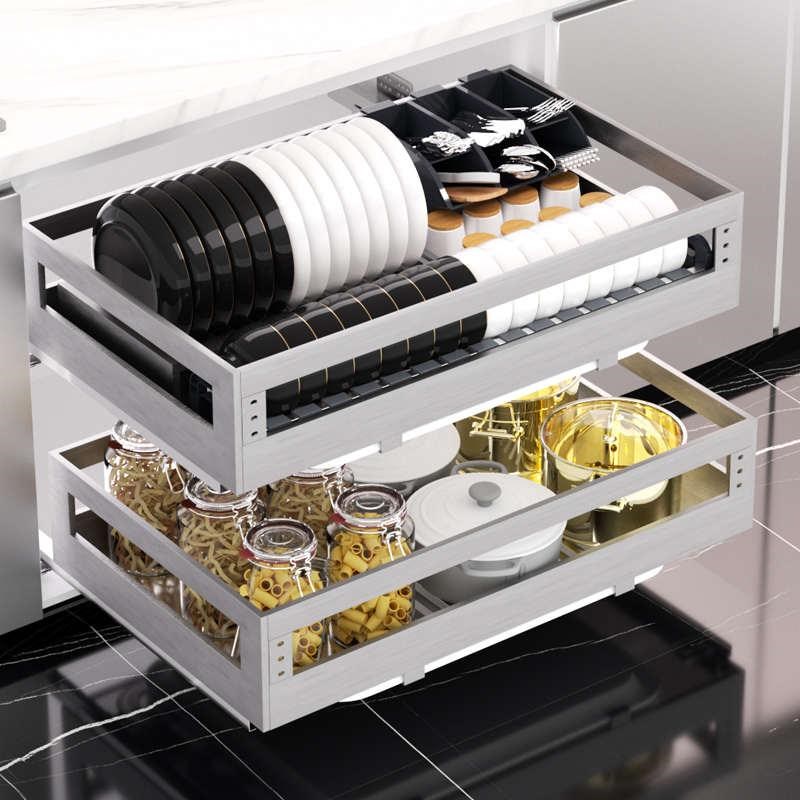 304不锈钢g拉篮厨房橱柜双层放碗碟架抽屉式轨道滑轨盘子收纳拉篮