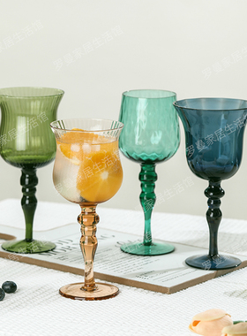 法式高脚b杯彩色甜酒杯罗马柱葡萄酒杯绿色玻璃竖纹酒杯家居装饰