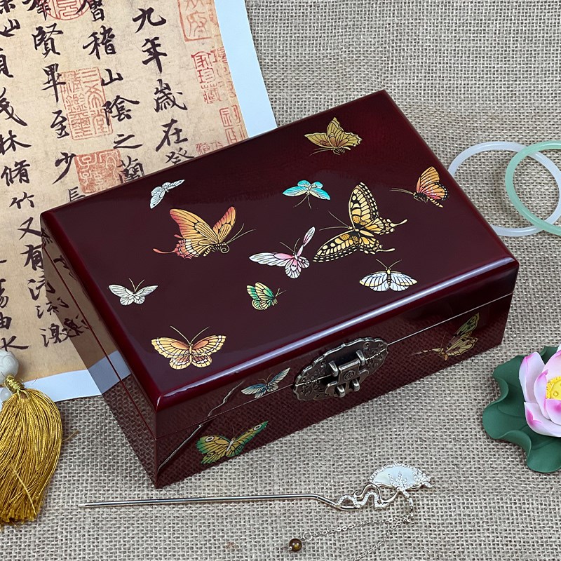 平遥手推漆首饰盒复古妆奁五金盒仿古梳妆盒推光漆器精Z致双层漆