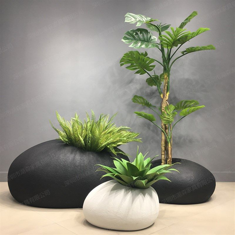 简约欧式玻璃钢落地大花盆仿石头插花器假树龟背龙血树摆件工艺品