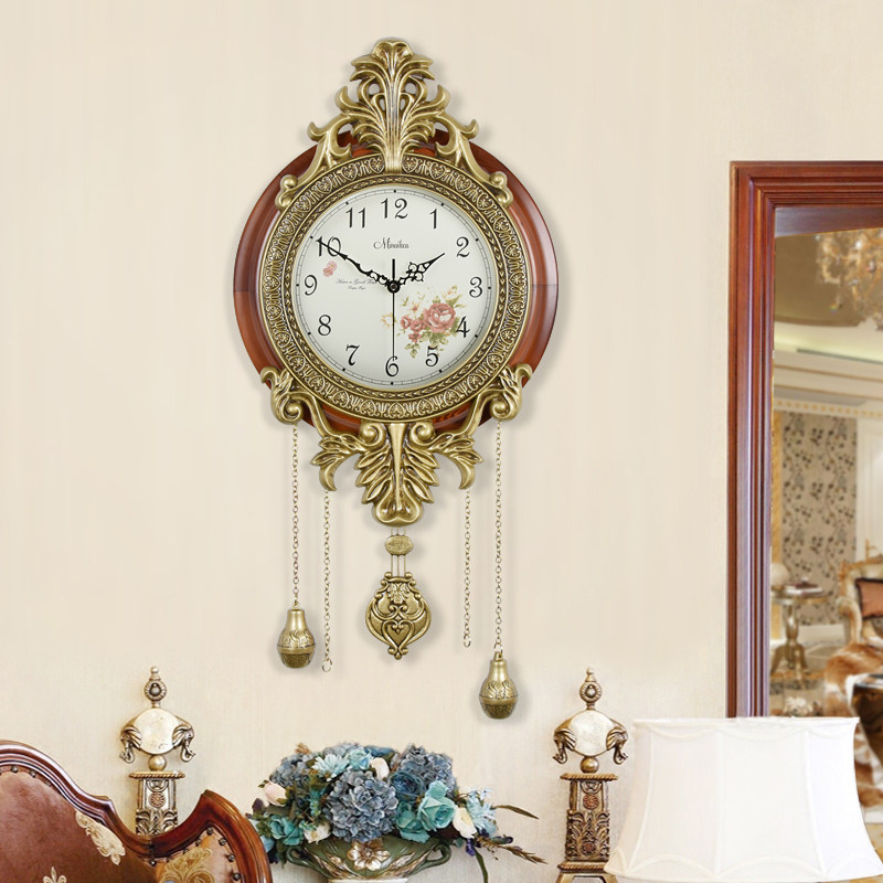 欧式仿古黄铜挂钟大号客厅配饰静音创意壁挂石英钟表田园时尚时钟