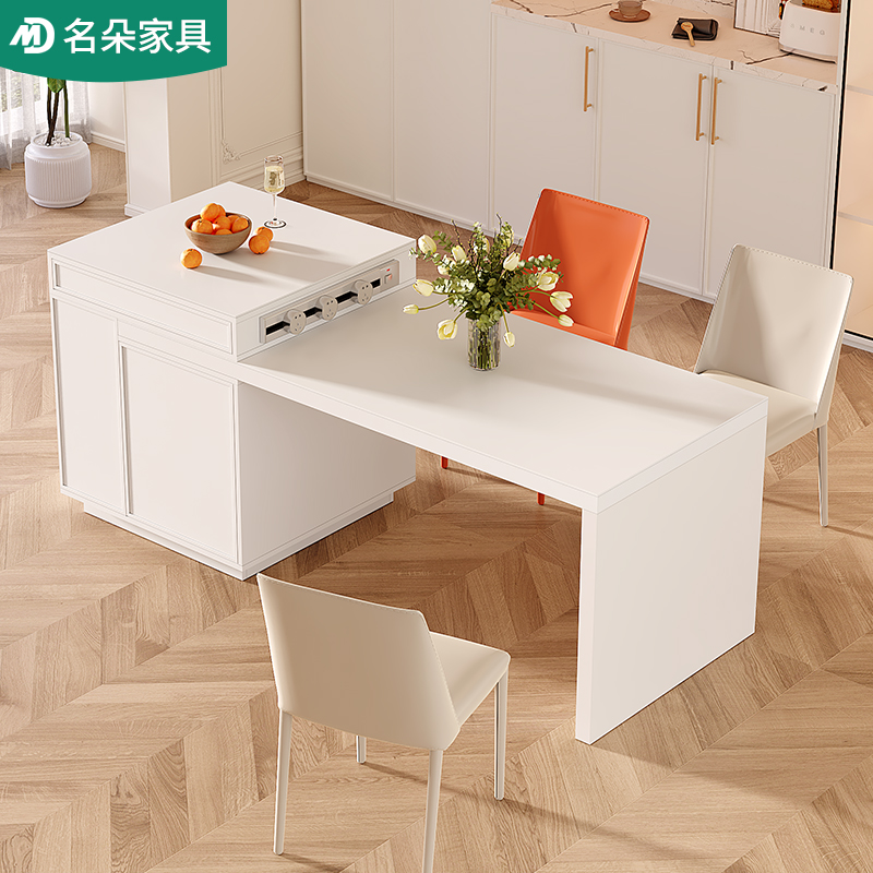 法式奶油风可伸缩岩板岛台餐桌一体家用现代客餐厅多功能导台椅子