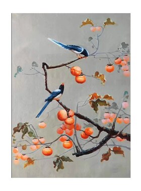 手绘油画新柿式中子如上眉梢油画玄关走廊挂画书房事事喜意装饰画