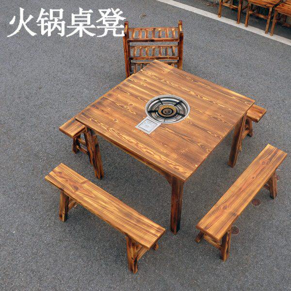 农庄饭店柴火鸡铁锅炖灶台川湘菜石锅鱼自助火锅实木大圆桌椅组合