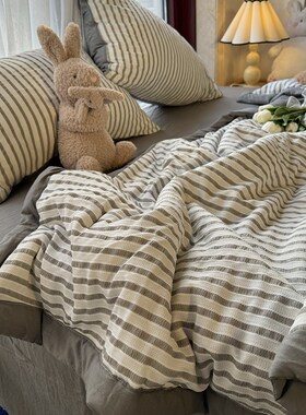 北欧水洗棉提花灰色条纹单双人夏凉被四件套N薄被子空调被民宿公