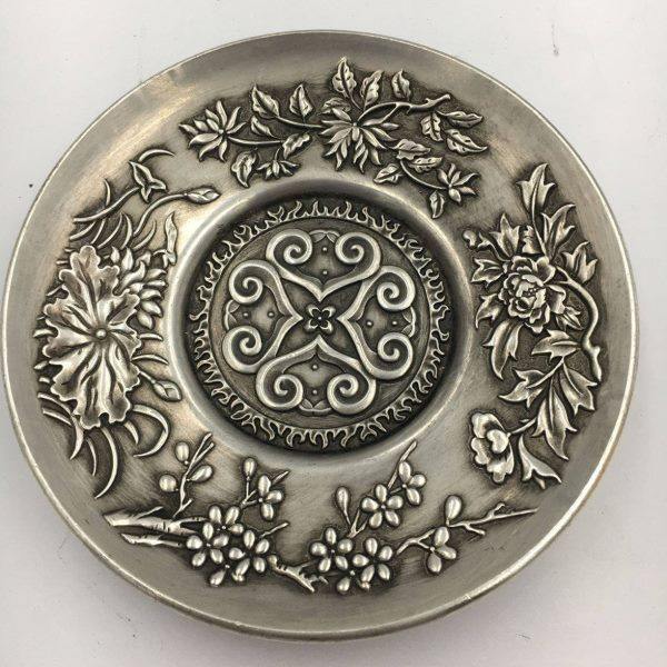 新款仿古做旧白铜镀银盘子牡丹银盘子 复古摆件装饰品