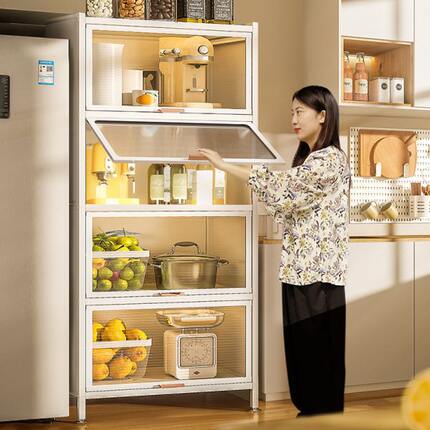 厨房多层防尘翻盖柜夹缝柜多功能落地置物架微波炉架储物柜橱柜