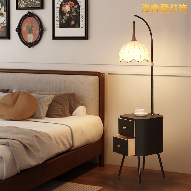 落地灯客厅沙发边几法式中古风床B头柜置物架一体复古卧室立式台