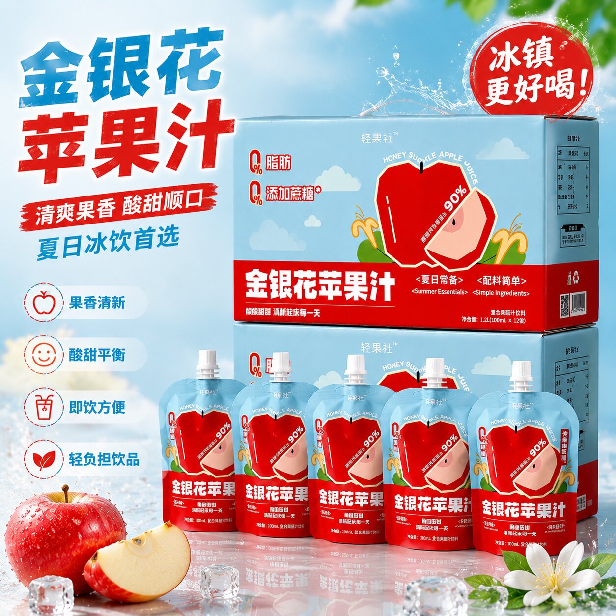 轻果社金银花苹果汁便携吸吸户外小朋友解渴小袋分享清润可口解腻