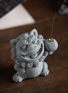 式中招财风狮爷香薰炉香插茶宠摆件创饰举柿无双石狮子桌面装意品