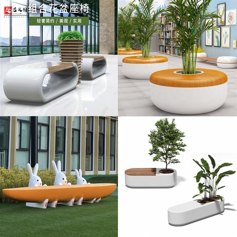 玻璃钢座椅户外花盆坐凳商场美y陈木纹色长凳公园长椅广场长条凳