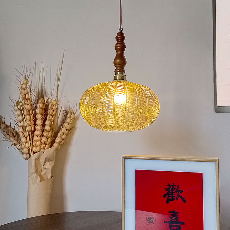 中古风复古玻璃橘子吊q灯轻奢木艺卧室书房玄关氛围吊灯大气诧寂