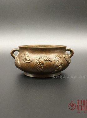 仿古包浆 实心铜十全十美蝙蝠双耳香炉摆件 迷你宣德炉